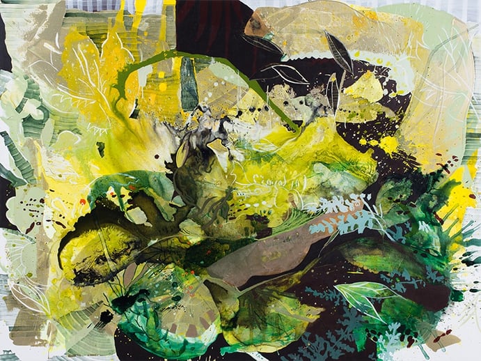 Elisabeth Condon, <i>Flower Space in Green</i>, 2016. Acrylic, ink, and glitter on linen, 54 x 72 inches. Courtesy Emerson Dorsch Gallery, Miami, Florida/Phillip Reed