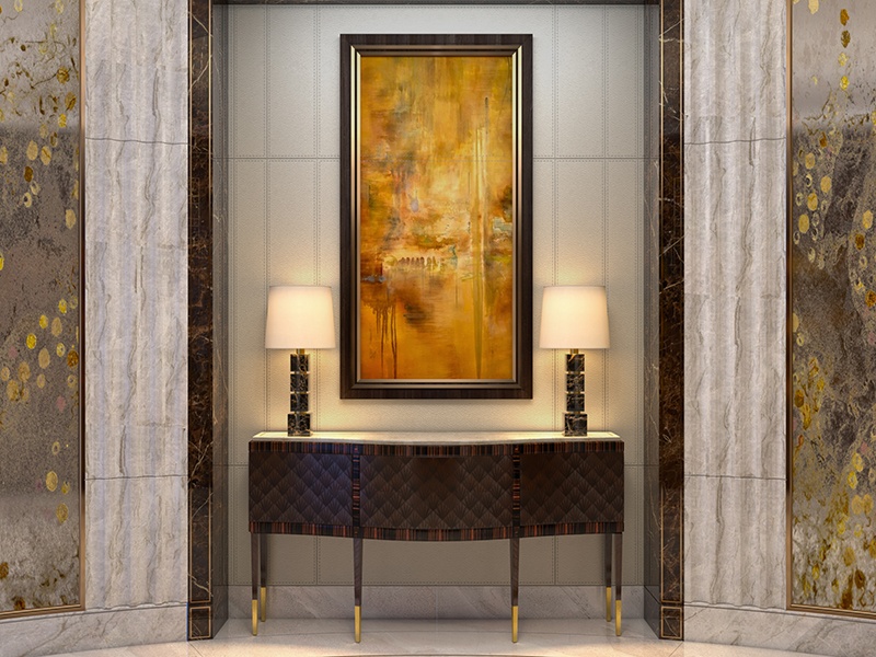 Twin lamps light artwork to perfection in the entrance lobby of the same apartment in Beijing. Photograph: HBA Residential