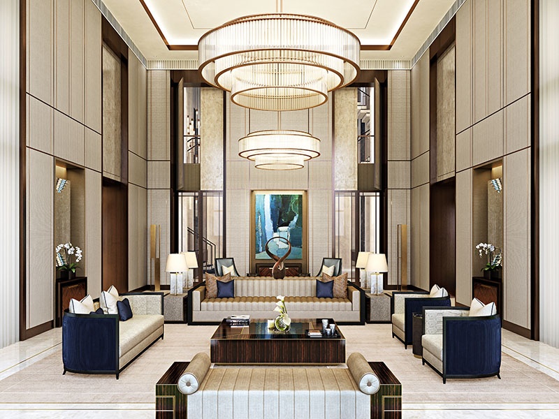 Proportion, line, and materiality of the interior architecture, plus the relationship with the furniture and fixtures are revealed in the reception space of this private home in Beijing, China. Photograph: HBA Residential