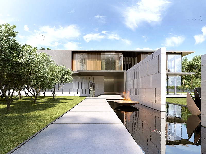 The approach view to the Delhi private residence. The low-rise design includes pavilions and a central art courtyard. Photograph: HBA Residential