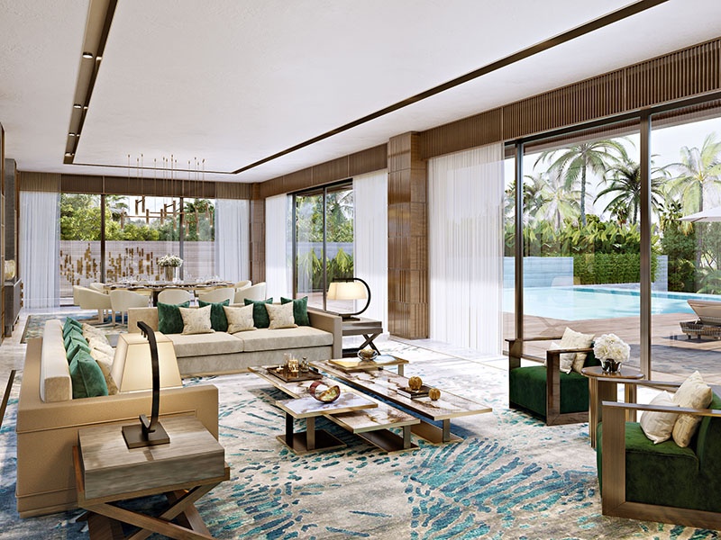 This view of the living room in a private villa in Sanya, China, shows the relationship with the landscaped gardens beyond. Photograph: HBA Residential
