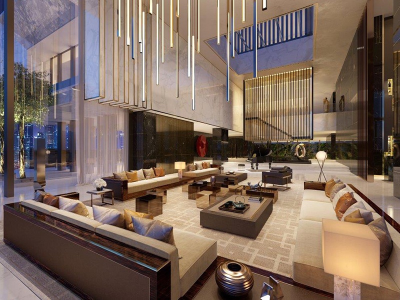 Installation-scale interventions of staircase, screens, and light fittings harmonize with residential-size furniture in this home in Xi’an, China. Photograph: HBA Residential