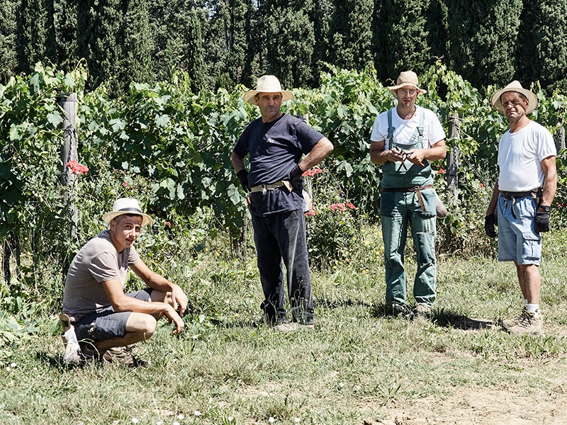 The vineyard team take a break from their hard work—all are local to Il Palagio, coming in from villages surrounding the Tuscan estate. Photograph: Fabrizio Cicconi