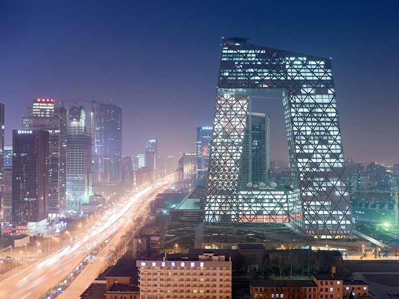 The headquarters of China Central Television (CCTV) in Beijing is a 44-story skyscraper, and because of its unique angles it takes on a different appearance depending on where in the city it is viewed from. Photograph  and banner image: Iwan Baan.