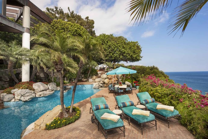 The estate’s swimming pool overlooks the Pacific from the south-facing vantage of Point Dume.