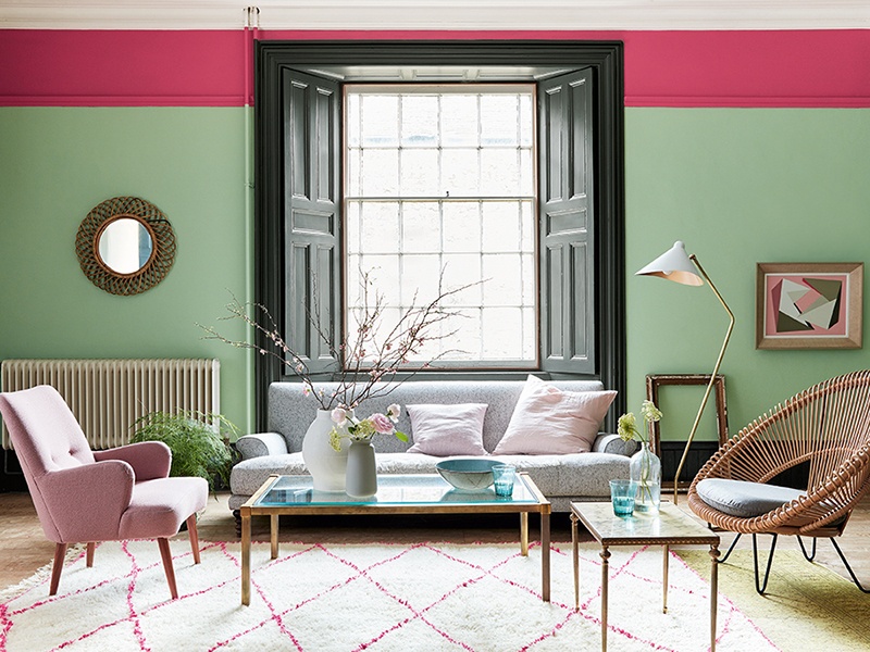 Pea Green walls are accented with bright pink Leather, a Little Greene signature shade from the 1970s.