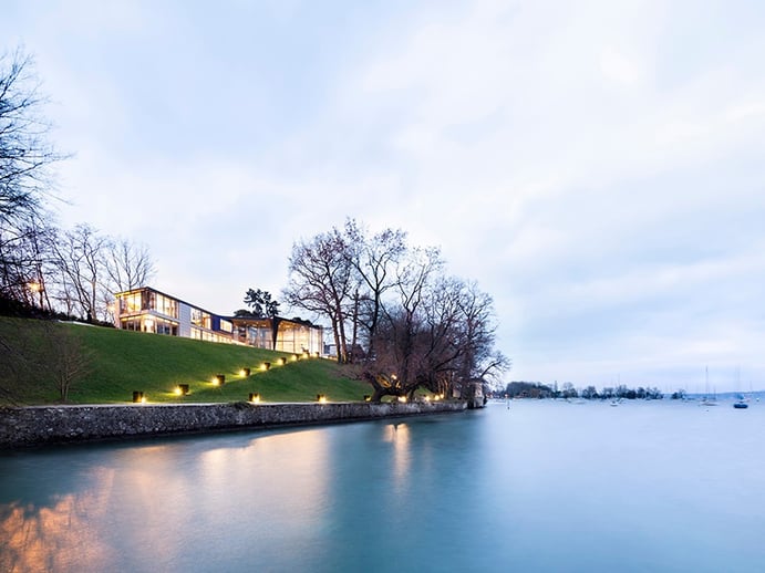 This modern lakeside home in Genthod, Switzerland, is close to the center of Geneva as well as the airport—ideal for jet-setters. Photograph: SPG Finest